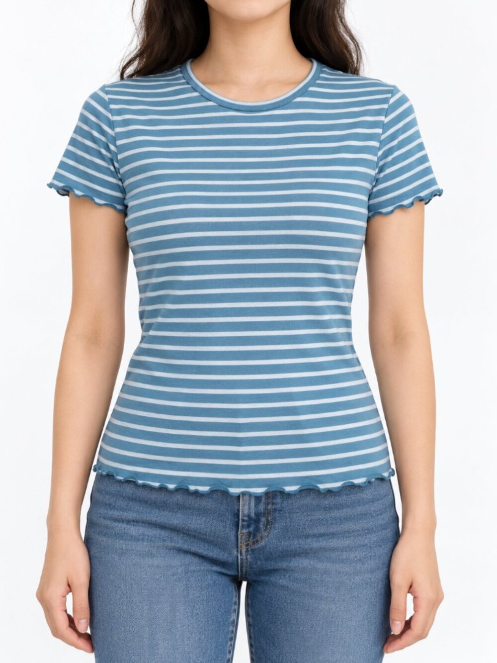 Good Luck Gem Blue & White Striped Lettuce Hem Tee XS NWT